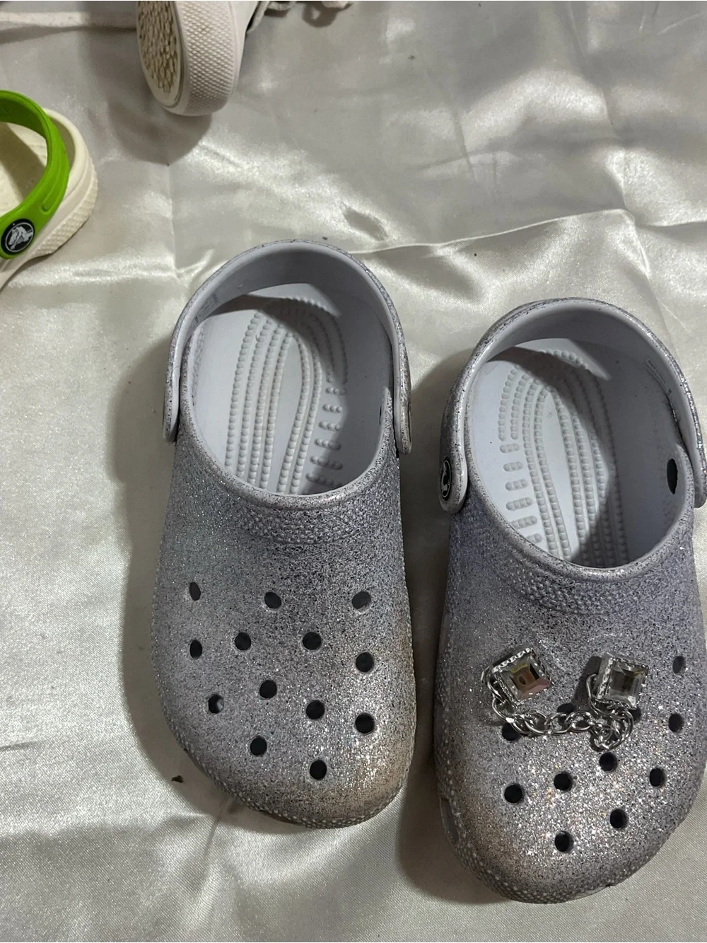 Kids Glitter Clog Shoes with Charm - Silver size Junior 1